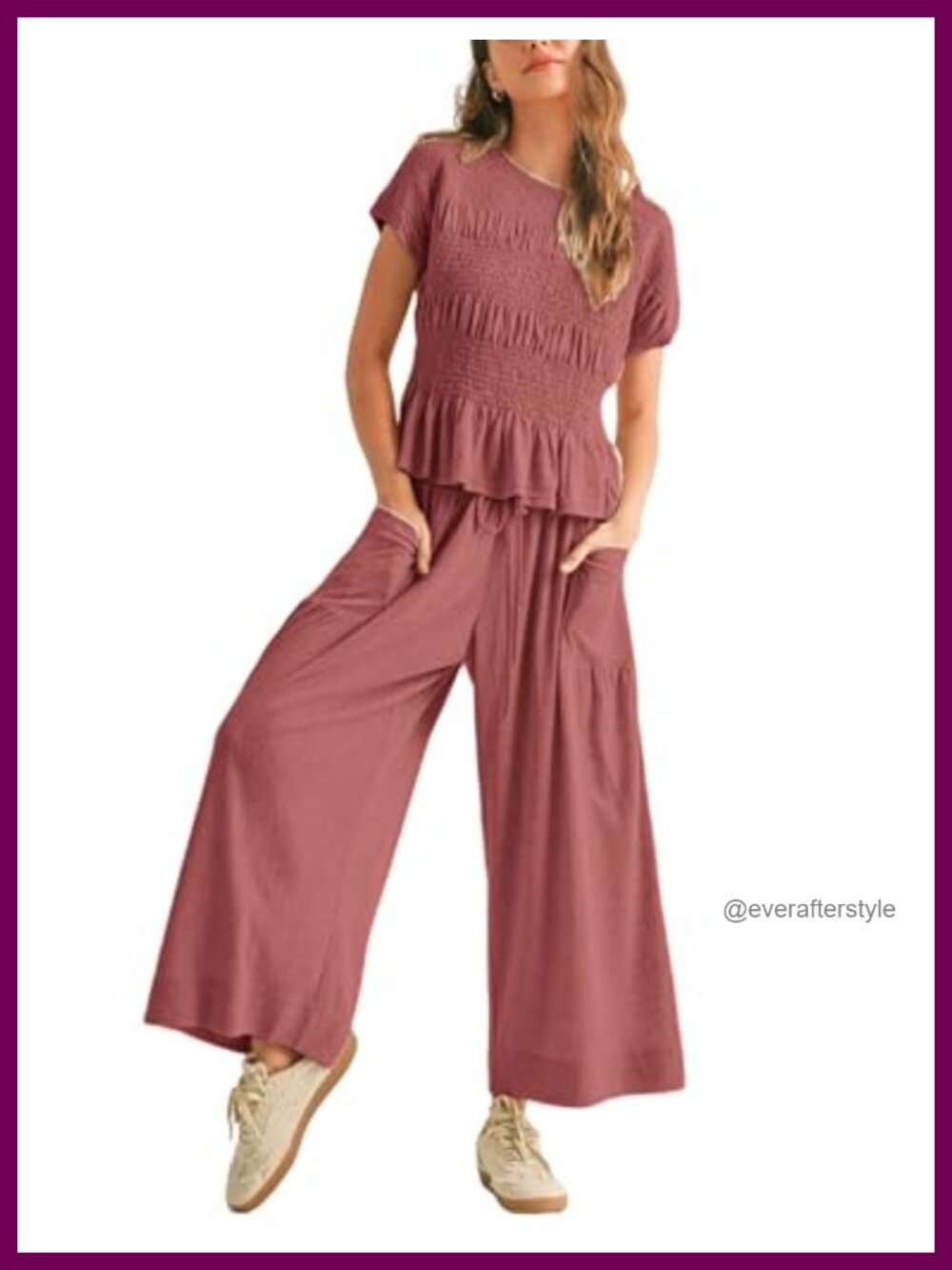 Womens Lounge Set Smocked Top Wide Leg Pants Pockets 2 Piece